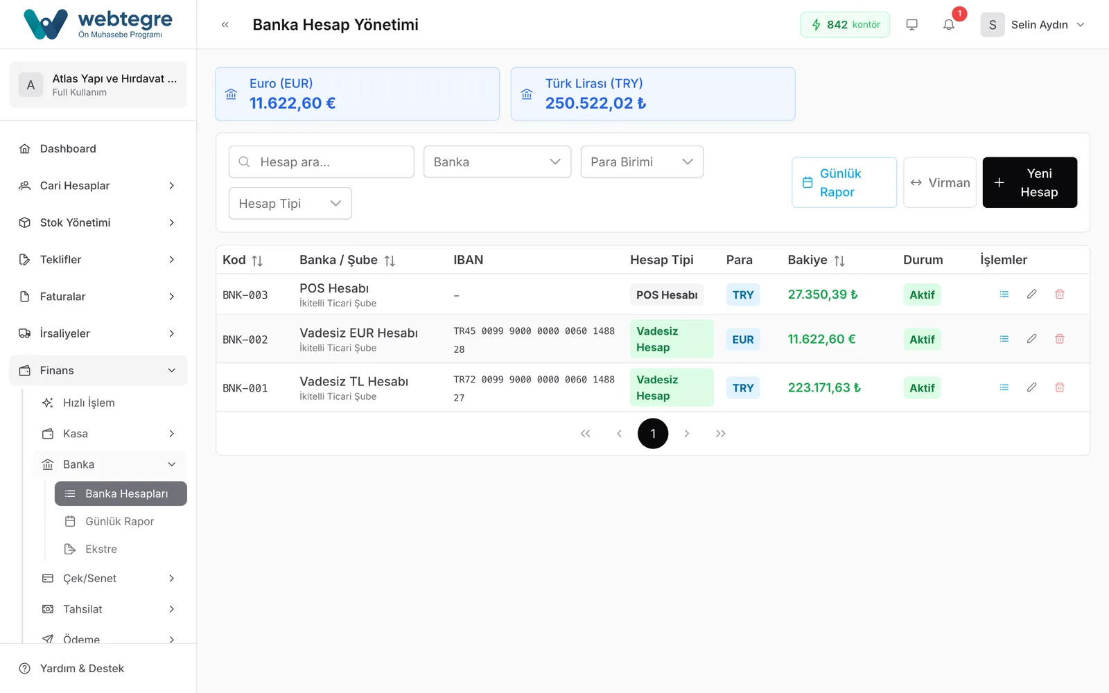 Banka hesapları ekranı
