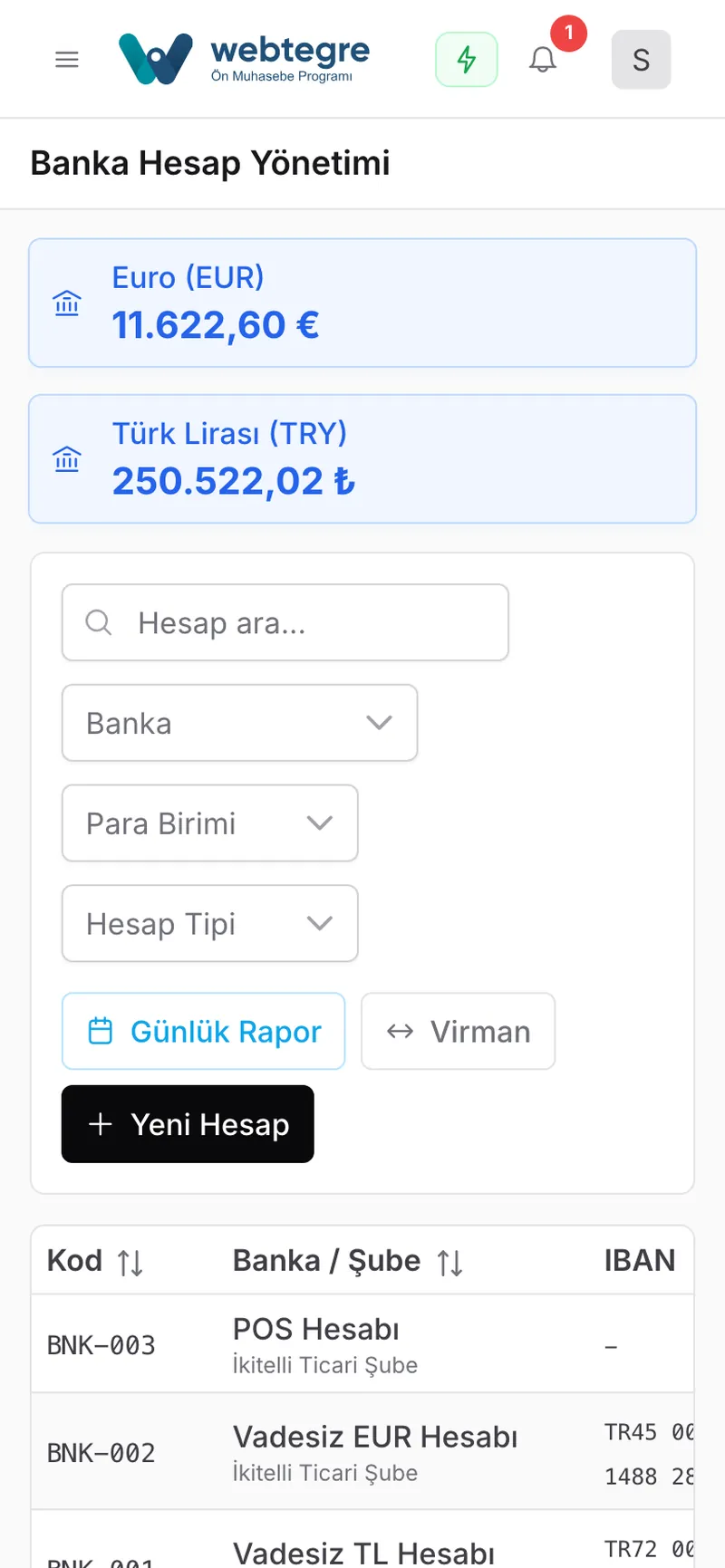 Banka hesapları ekranı