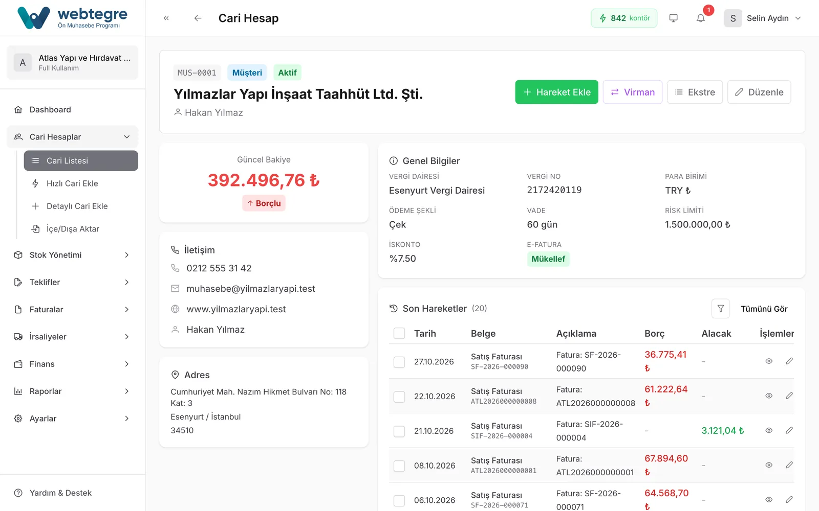 Alıcının mükellefiyeti kontrol edilir ekranı