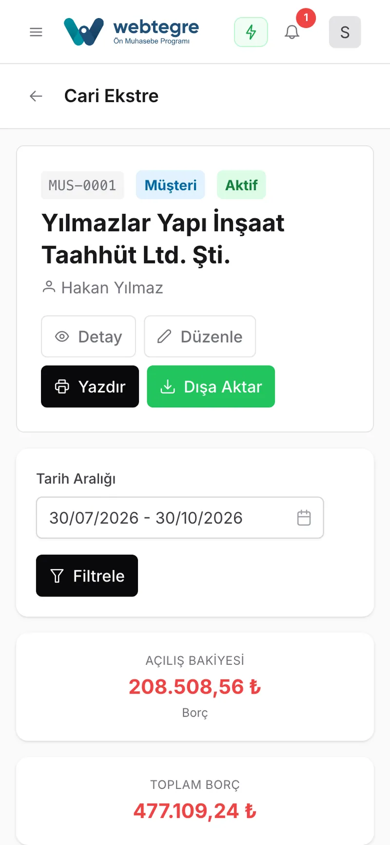 Cari ekstre ve bakiye ekranı