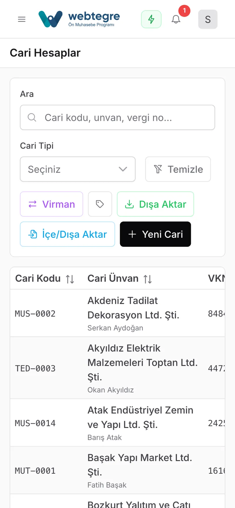 Müşteri ve tedarikçi kartları ekranı