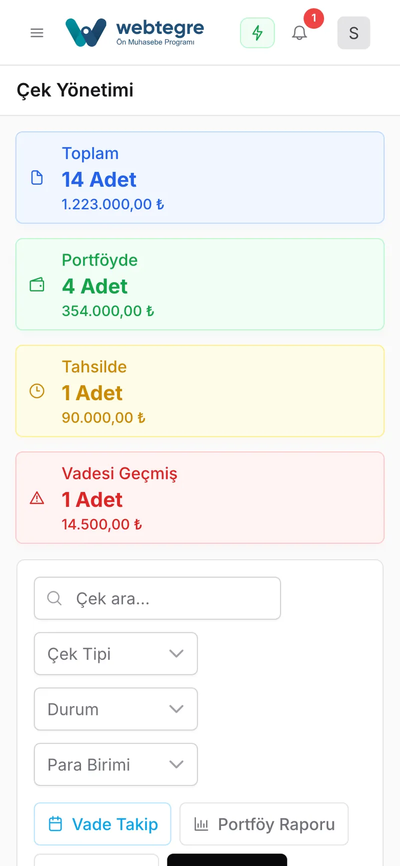 Portföydeki çekler ve senetler ekranı