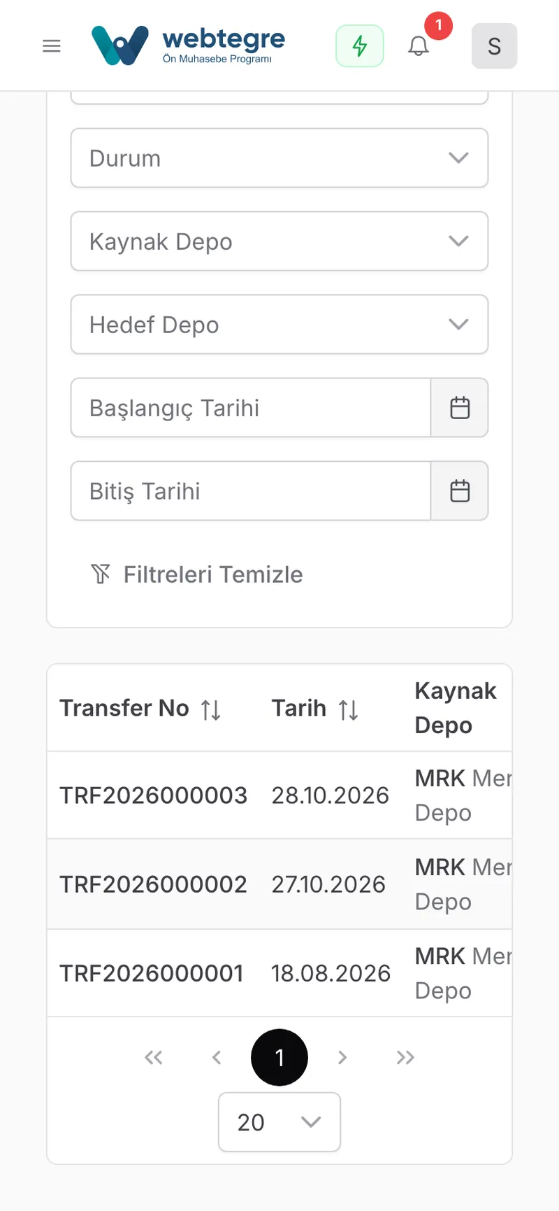 Birden çok depo ve raf ekranı