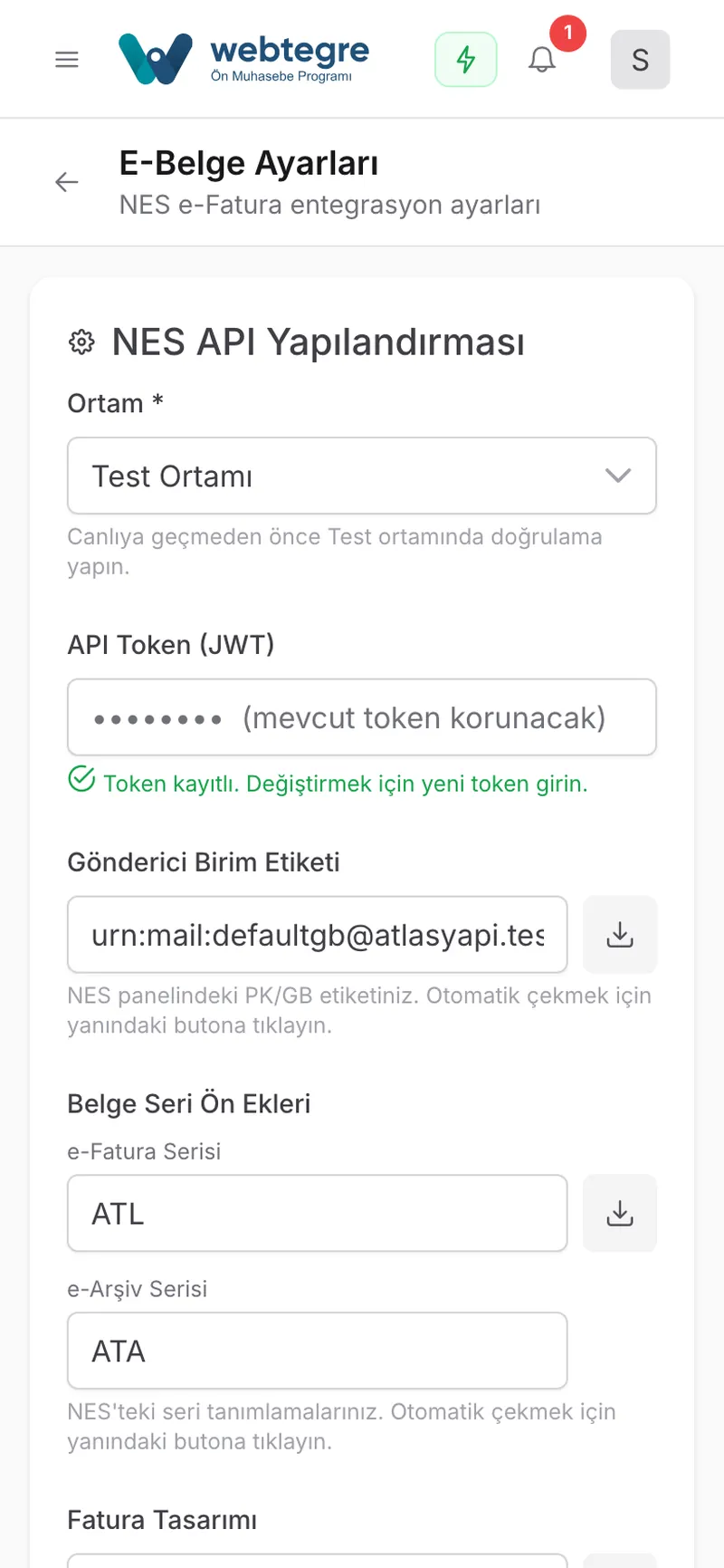 e-Belge ayarları tek ekranda ekranı