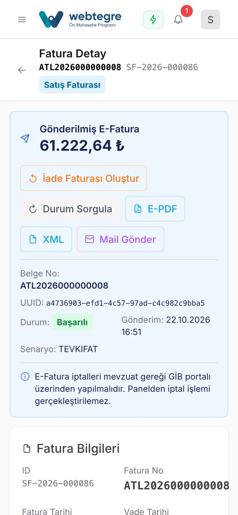 Fatura takibi: açık, kısmi, kapalı ekranı