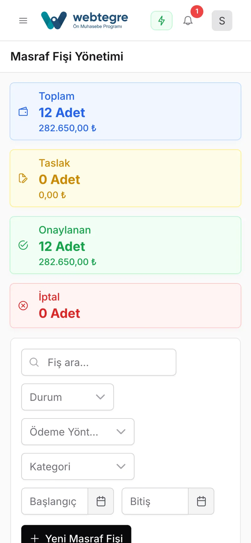 Masraf fişi ekranı