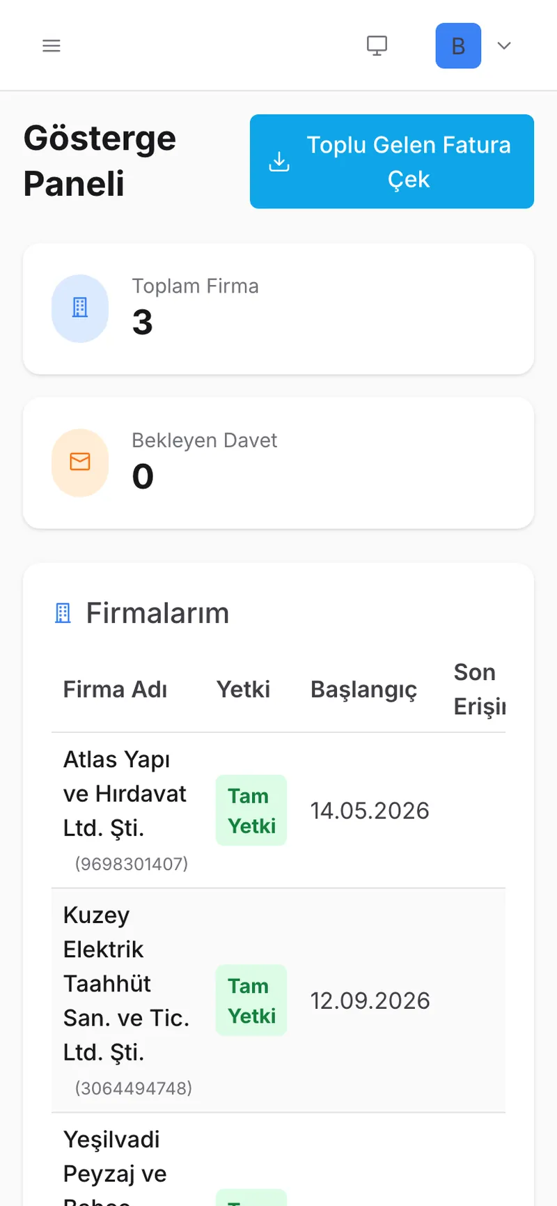Mükellefleriniz tek listede ekranı