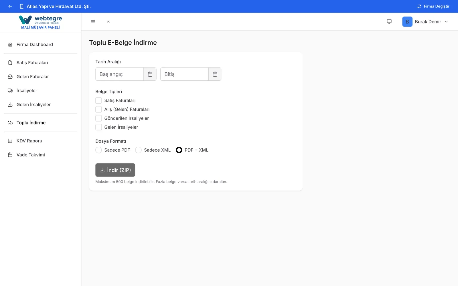Toplu PDF ve XML indirme ekranı