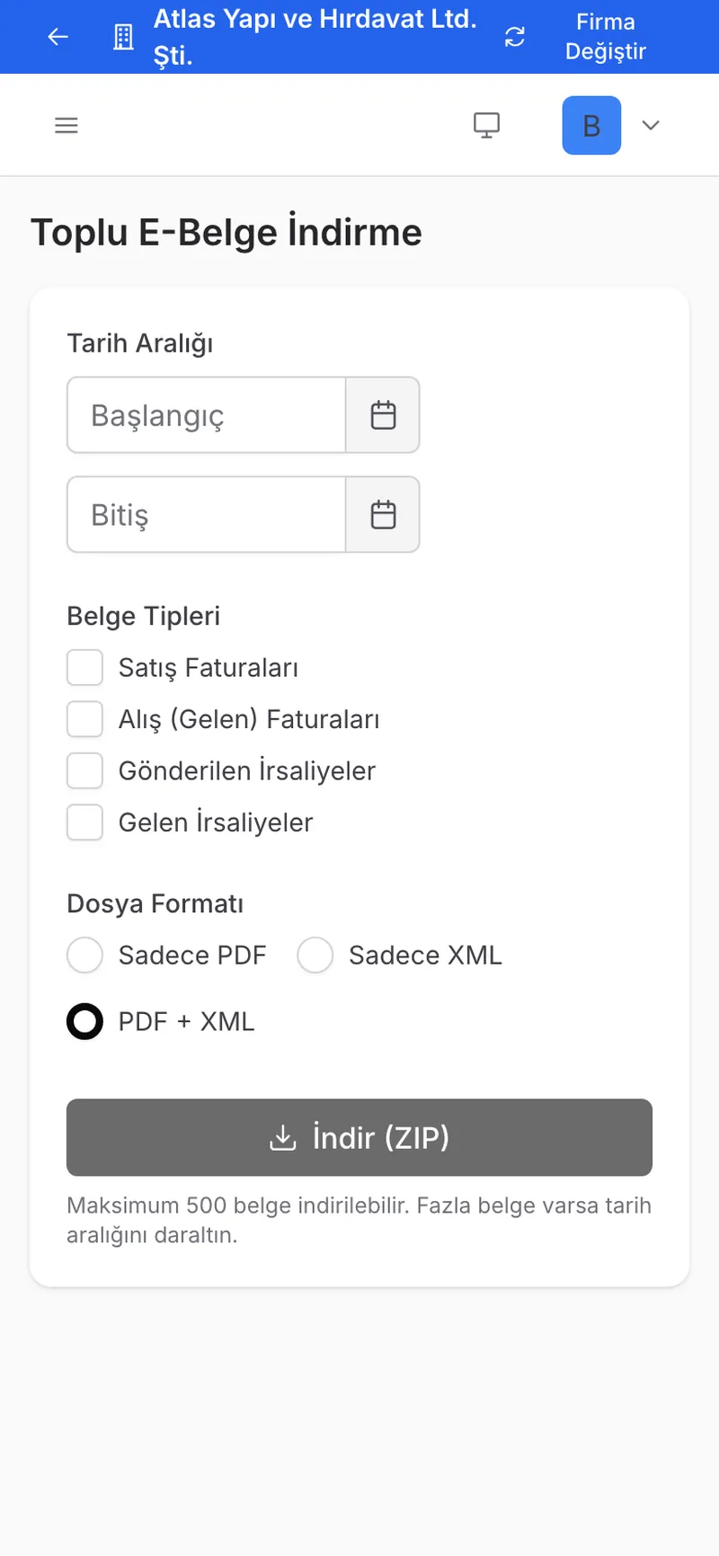 Toplu PDF ve XML indirme ekranı