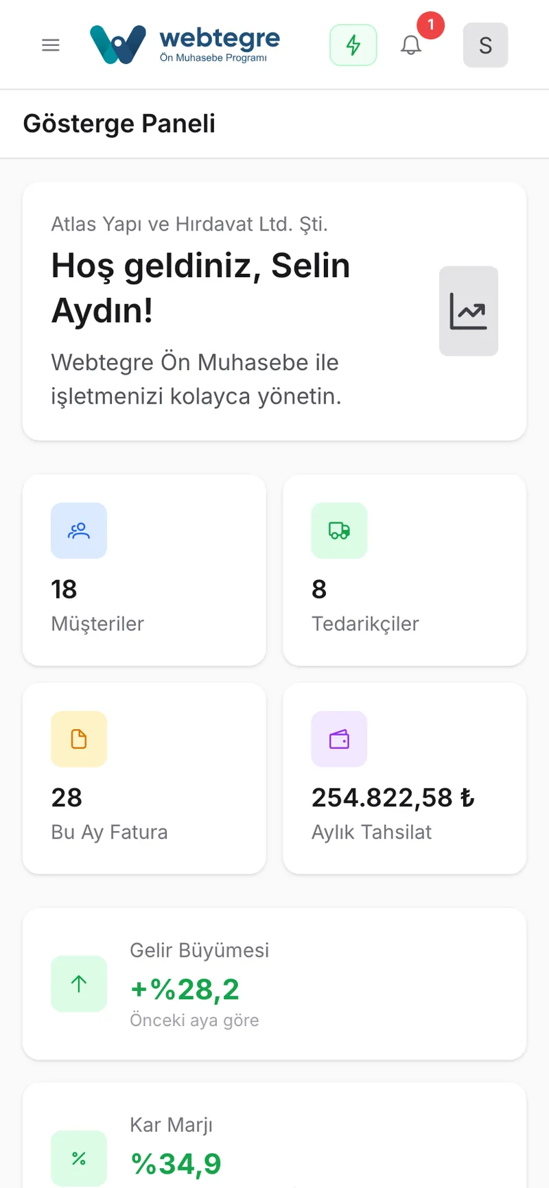 Yaklaşan vadeler ilk sayfada ekranı