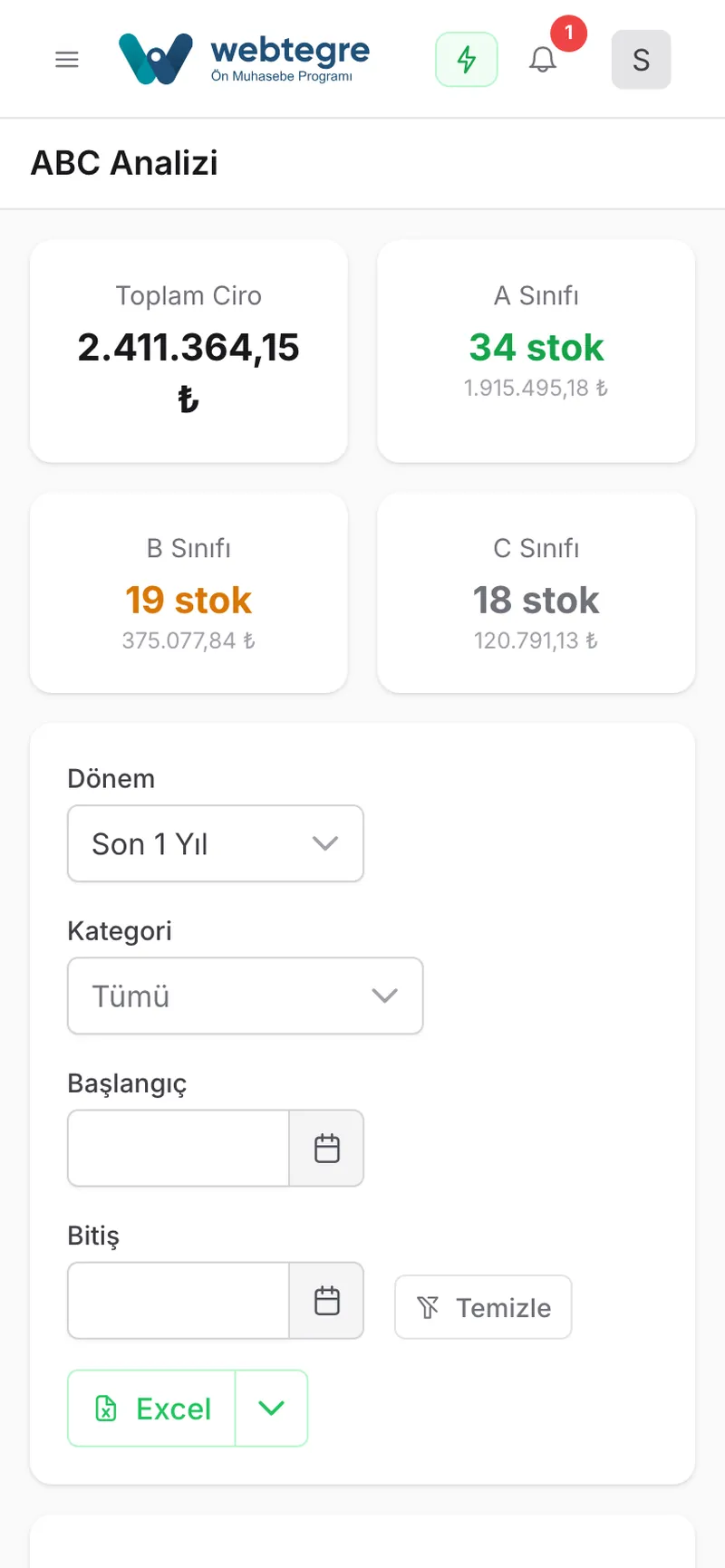 Stok raporları ve ABC analizi ekranı