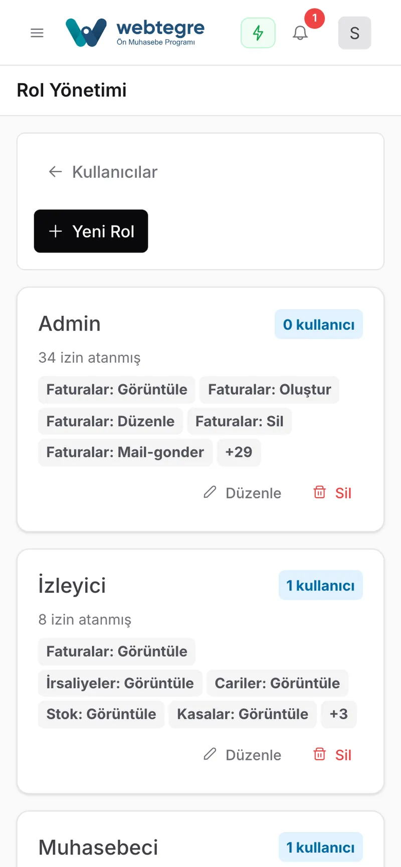 Roller ve izinler ekranı