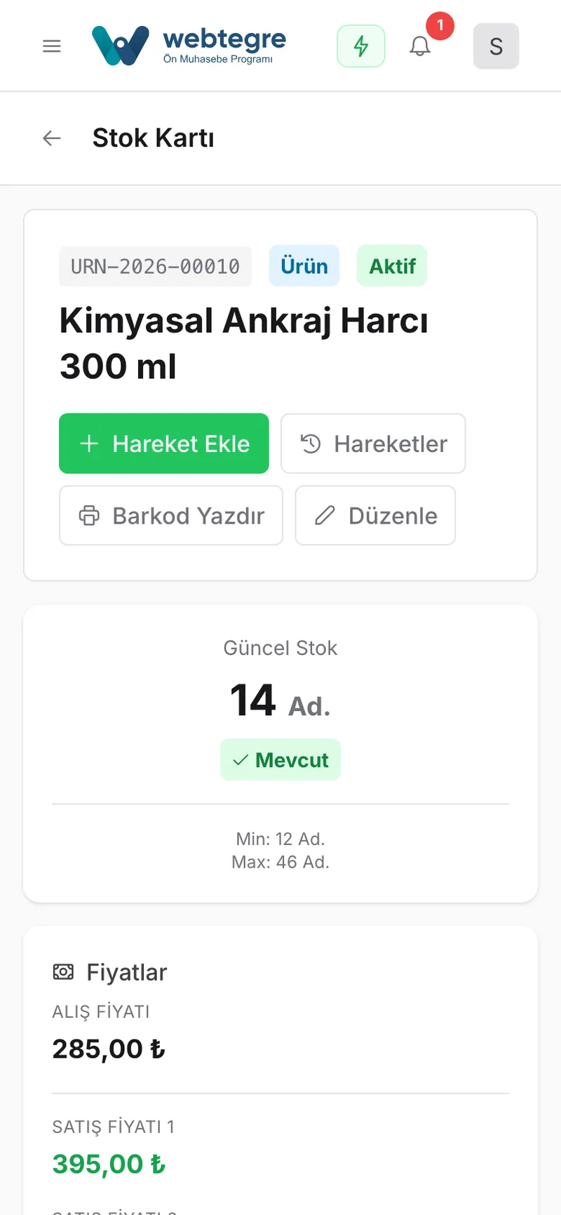 Stok kartı: fiyat, birim, barkod, görsel ekranı