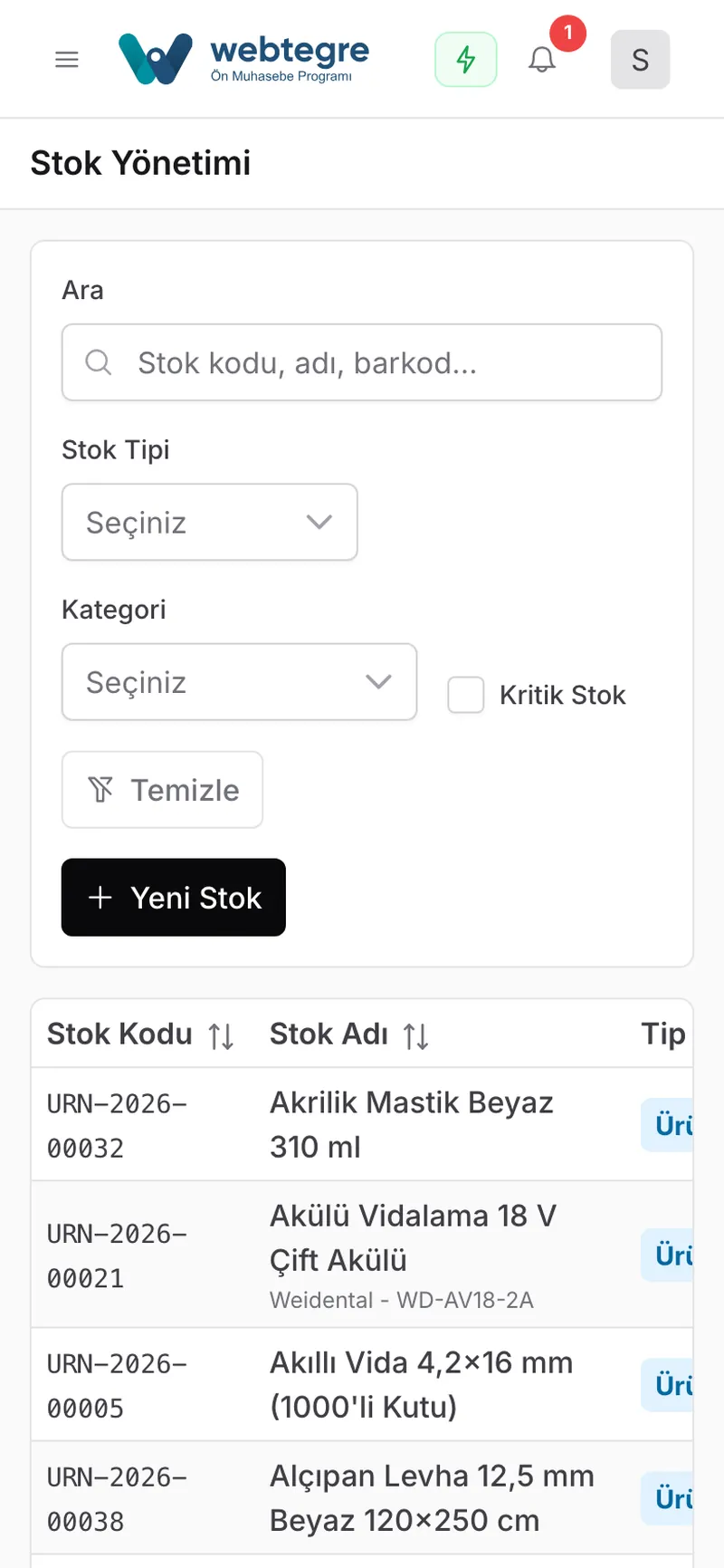 Kritik stok ve maliyet ekranı