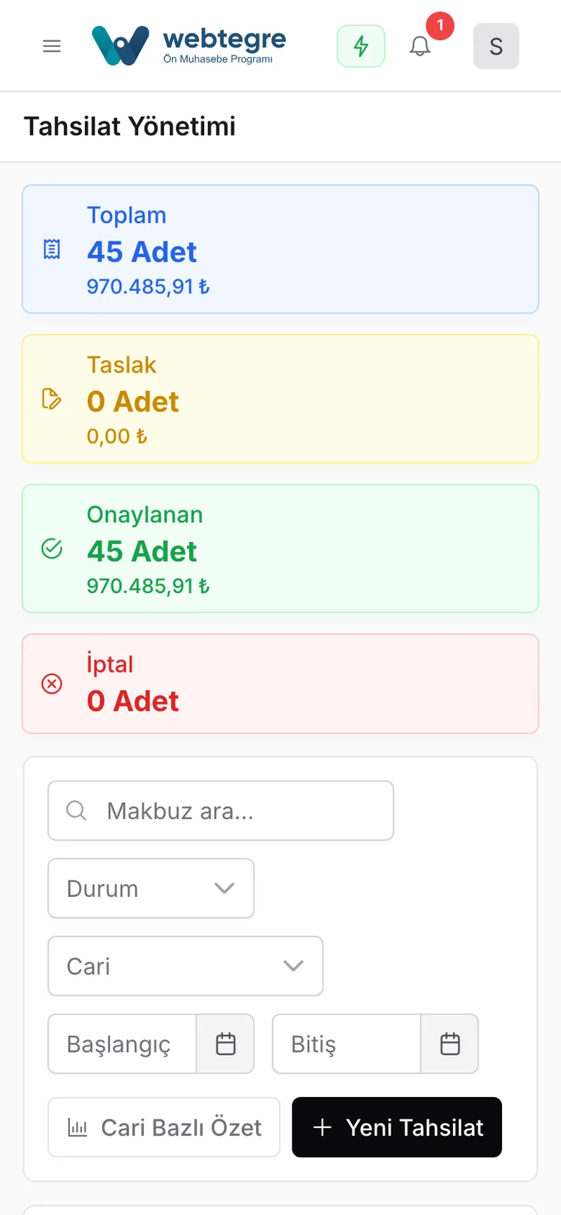 Tahsilat ve ödeme makbuzu ekranı