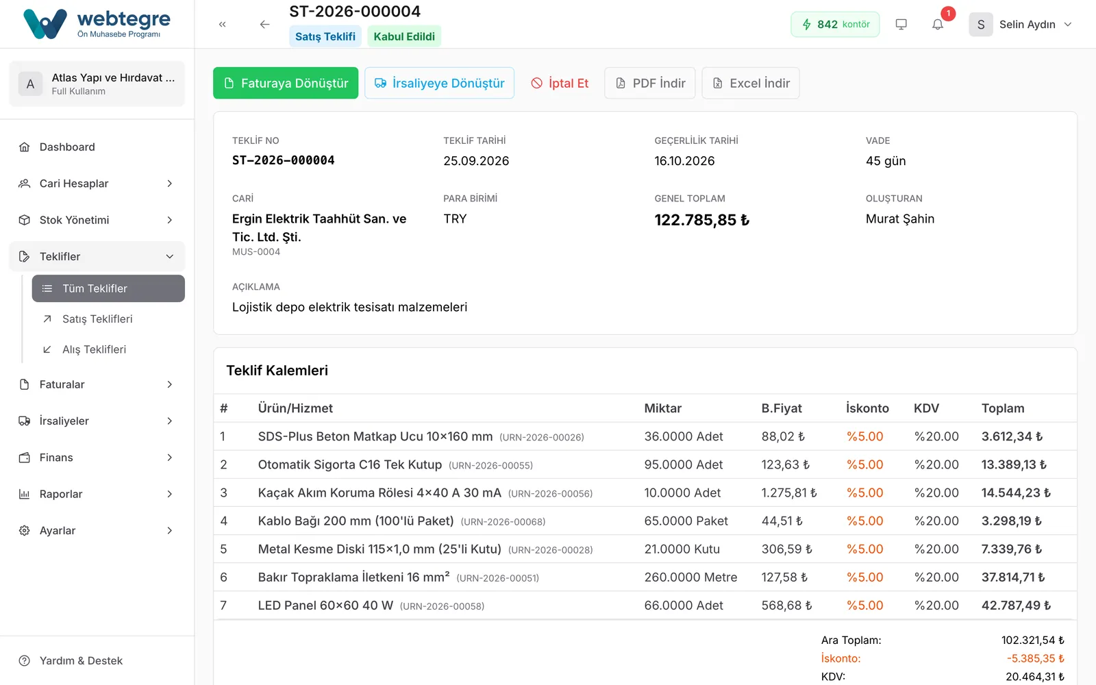 Fiyat teklifini stok kartlarından hazırlayın ekranı
