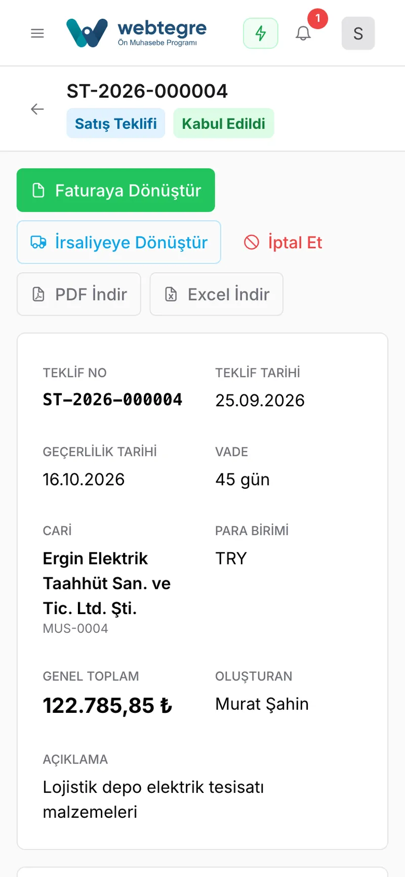 Fiyat teklifini stok kartlarından hazırlayın ekranı