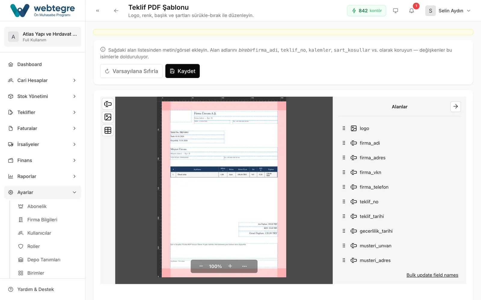 PDF şablonunu kendiniz tasarlayın ekranı